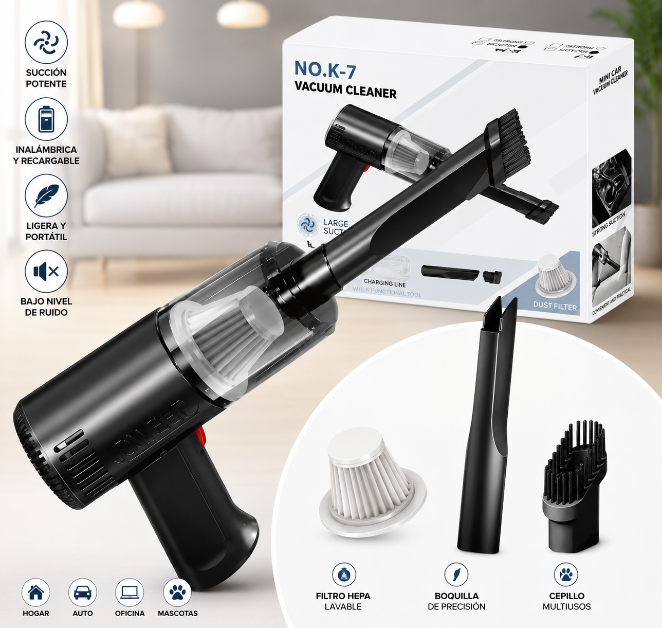 ASPIRADORA PORTATIL RECARGABLE K-7 (30 UND X CAJA)